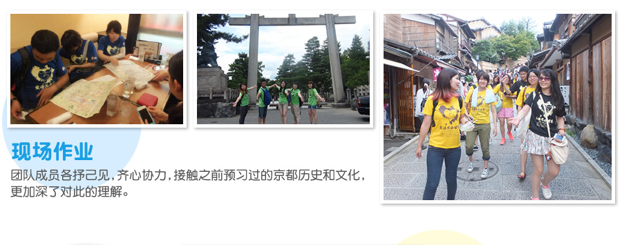 现场作业 团队成员各抒己见，齐心协力，接触之前预习过的京都历史和文化，更加深了对此的理解。